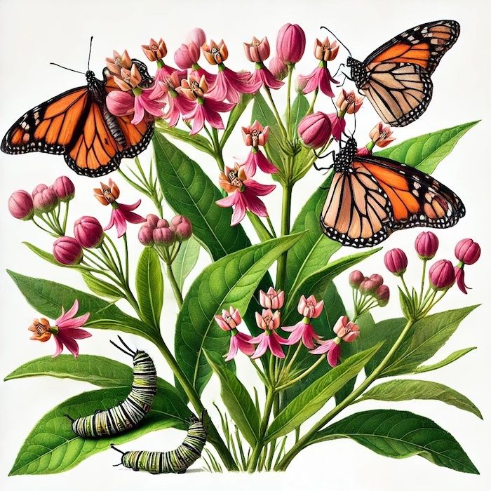 butterflies and milkweed flowers